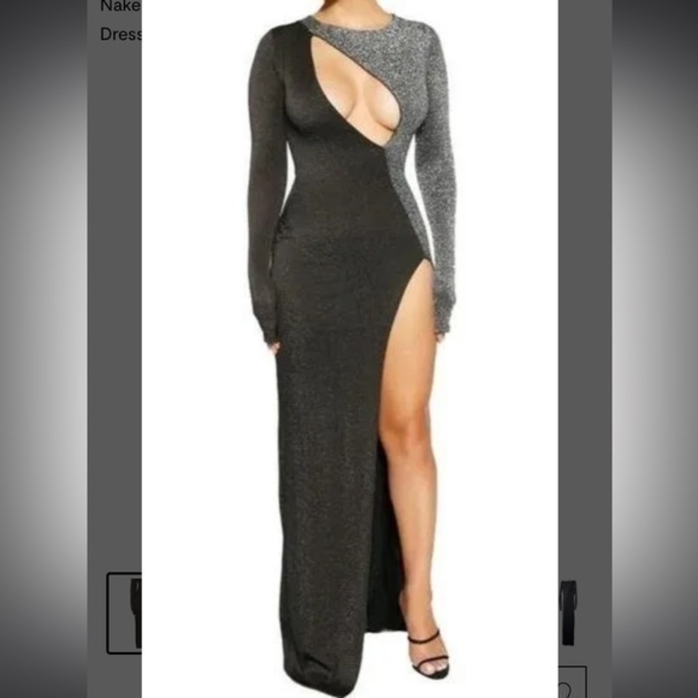 Naked Wardrobe Colorblock Black and silver Cutout Long Sleeve Maxi Dress